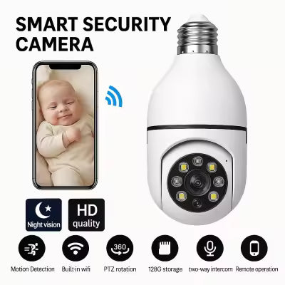 Wifi Smart Bulb Camera 1080p HD – 360° PTZ Rotation | Night Vision | Motion Detection | Wireless Indoor CCTV | Audio + Video Recording | Home Security Surveillance